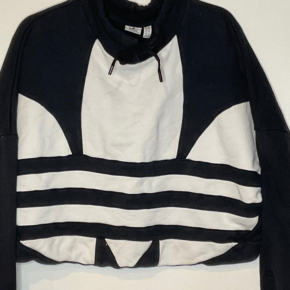 ADIDAS Womens Big Logo Cropped Black White Sweatshirt MED FS1314 cotton Trefoil - Picture 3 of 11